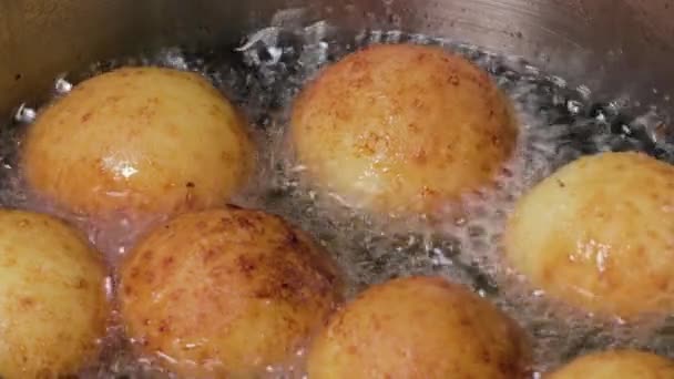 Dough Balls Deep Fried Boiling Oil — Stock Video
