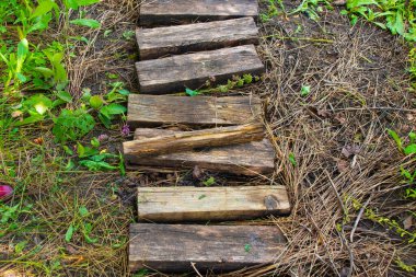 Yazın bahçedeki eski ahşap patika, manzaralı.