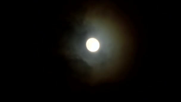Pełnia Księżyca Ciemnym Nocnym Niebie Szybkimi Chmurami Korona Księżycowa Jest — Wideo stockowe