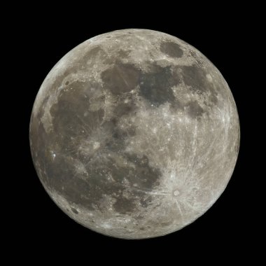 Dolunay, kara gökyüzü arka planına karşı doğal bir uzay nesnesidir. Ayın astronomik bir teleskopla çekilmiş detaylı yakın çekim fotoğrafı.