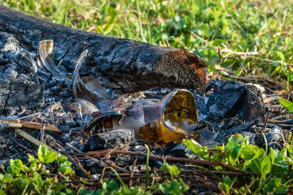 stock image Broken glass and ashes with coals of a fire on the grass. Garbage after a picnic. Environmental pollution