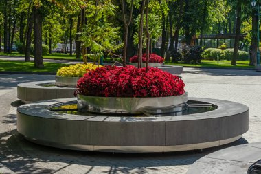 Parkta ya da şehir bahçesinde çiçekli ve suyu olan geniş, yuvarlak bir bank.