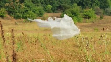 Plastik bir torba çayırda rüzgarda sallanıyor. Plastik kirliliği (Polietilen)