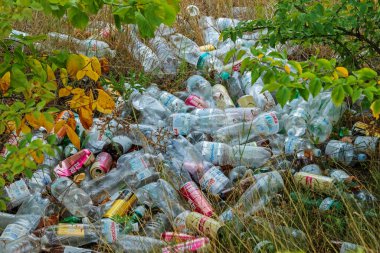 Kharkiv şehri, Ukrayna - 5 Ağustos 2024: Kullanılmış plastik şişe ve metal içecek kutularından oluşan bir yığın yerde yatıyor. Çevre kirliliği. Sorun yasadışı bir çöp yığını.