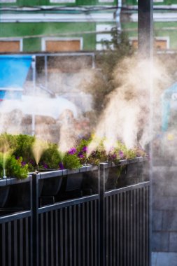 Kaynar yaz gününde halka açık bir kafede veya restoranda serinlemek için su püskürtme sistemi.