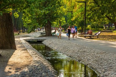 Kharkiv şehri, Ukrayna - 28 Ağustos 2024: Sarzhin Yar 'daki dere kenarında yaya geçidi olan Picturesque Park. Açık hava dinlenme alanı