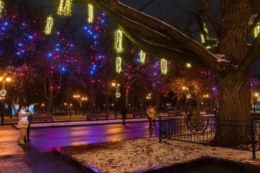 Kharkiv şehri, Ukrayna - 9 Aralık 2024: Şehir bahçesindeki ağaçlar parlak çelenkler ve renkli ışıklarla süslenmiştir. Yılbaşı ve Noel için sokak süslemeleri