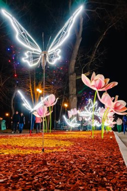 Kharkiv şehri, Ukrayna - 22 Mart 2025: Şehir bahçesindeki bir çiçek tarlasında büyük yapay çiçekler ve kelebekler. Akşam parkında dekoratif parlak süslemeler.