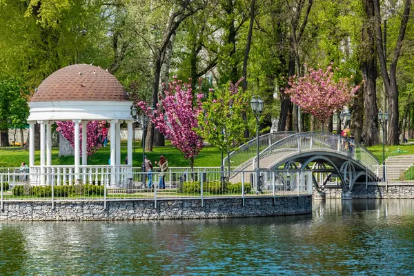 Adaya giden yaya kemerli bir köprü ve gölette bir çardak. Ağaçların açtığı şehir bahçesi, ilkbahar güneşli bir gün. Kremenchuk Şehri, Ukrayna - 1 Mayıs 2023