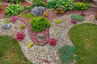 Çeşit çeşit bitki ve çalılarla dolu bir çiçek tarlası, çakıl taşları. Güzel, modern bahçe tasarımı, küçük taş gübreli.