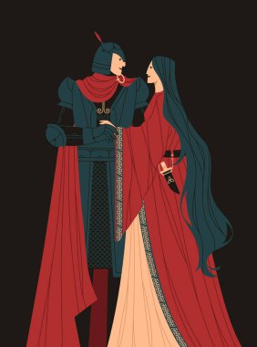 Bir çiftin vektör çizimi. Şövalye ve bayan birbirlerine bakıyorlar. Fantezi, ortaçağ. Karakter tasarımı