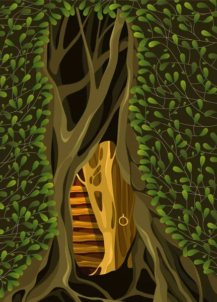 Vektorová Kreslená Ilustrace Stromu Listy Hollow Dům Víl Fantazie Umění — Stockový vektor