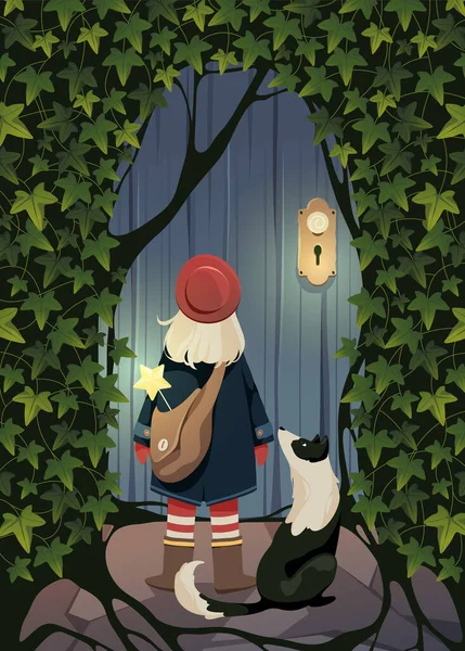 古いドアの前に立つ少女と犬のベクトルイラスト アイビー キャラクターデザイン — ストックベクタ
