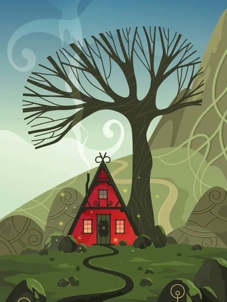 舒适的童话般的房子在一棵老树下 凯尔特人矢量卡通画 — 图库矢量图片