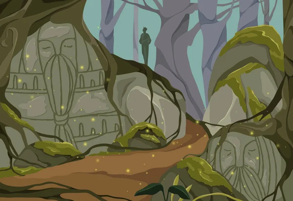 古代の森のベクトル図 巨大な石 トーテム 神秘的な森だ おとぎ話 — ストックベクタ