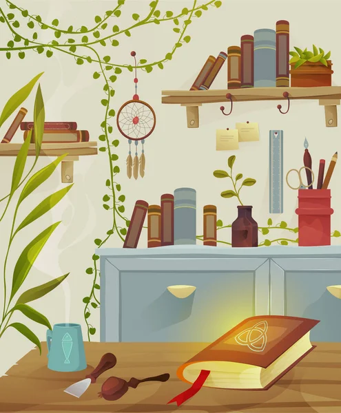 植物と魔法の部屋のインテリア 古い本テーブル — ストックベクタ