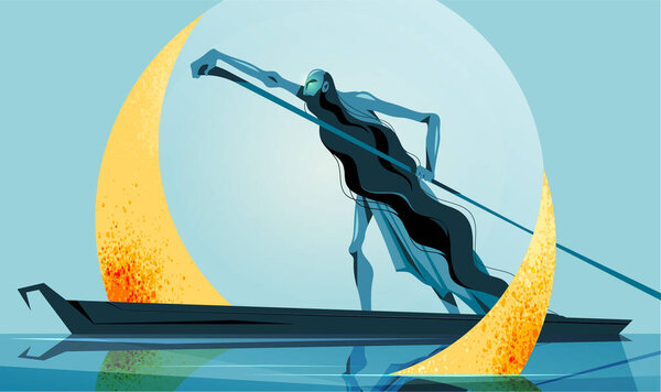 Мифологический персонаж Харон плывёт на лодке по реке Стикс. Векторная иллюстрация, дизайн персонажей.