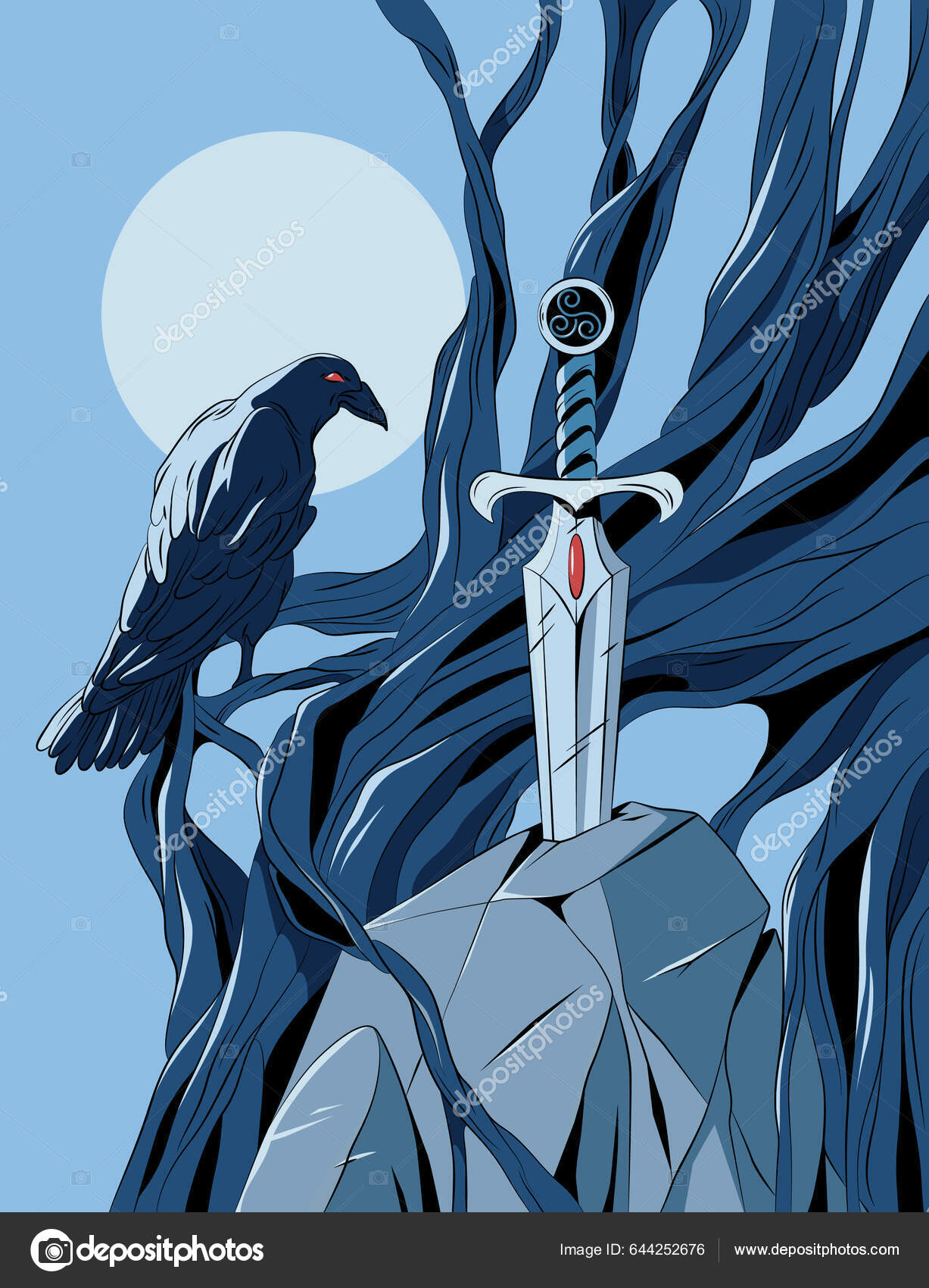Векторная Иллюстрация Ворона Меча Камне Средневековье Рыцари Ночь.