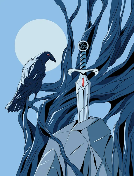 Vector Illustration Raven Sword Stone Middle Ages Knights Night — ストックベクタ