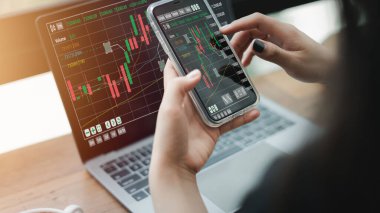 Kadın borsayı analiz etmek için dizüstü bilgisayar kullanıyor. Dış döviz ve bankalar, karar verme riskini azaltmak için daha yüksek istatistiklerle iş büyümesine yatırım yapma stratejisi planlayın.