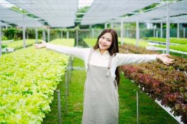 Neşeli bir kadın, canlı yapraklı sebzelerle çevrili bir serada duruyor. Doğayla ve çiftçiliğin güzelliğiyle bağlantı kuruyor..