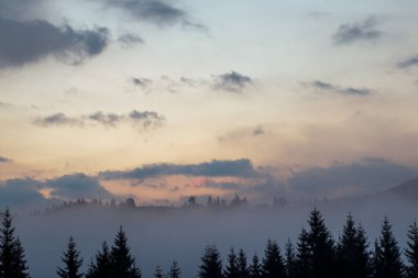 Dağların üzerinde bulutlarla sisli bir sabah