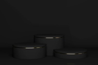 Boş siyah ve altın podyum ya da siyah arka planda silindir standlı kaide görüntüsü. Boş ürün rafı ayakta duruyor. 3B görüntüleme