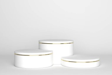 Boş podyum ya da beyaz arkaplanda silindir stand kavramına sahip kaide görüntüsü. Boş ürün rafı ayakta duruyor. 3B görüntüleme