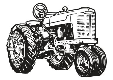 Klasik tarım traktörü - elle çizilmiş illüstrasyon - Çizgi dışı