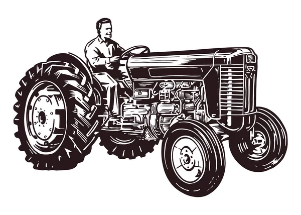 Agriculteur Conduisant Vieux Tracteur Illustration Dessinée Main — Image vectorielle