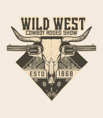 Vahşi batı kovboy rodeo gösterisi - Boğa kafatası, silah ve kırmızı bandana - Tişört tasarımı - vektör illüstrasyonu - beyaz versiyon
