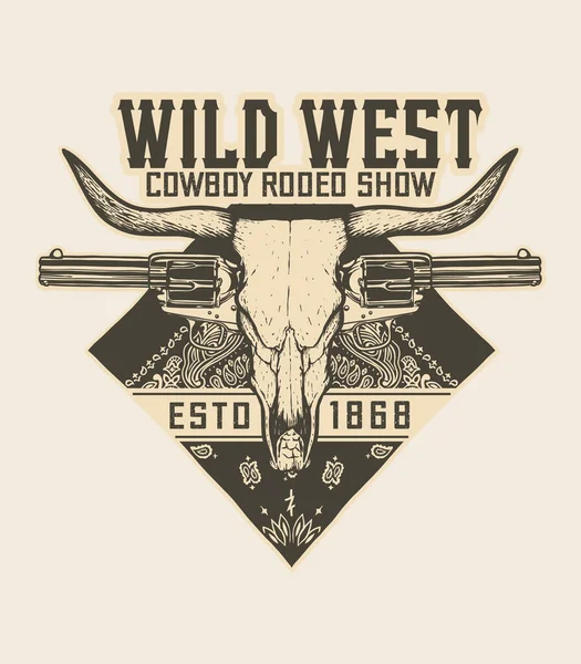 stock vector Wild west coowboy rodeo show - Bull skull, gun and red bandanna - T-Shirt design - vector illustration - White version