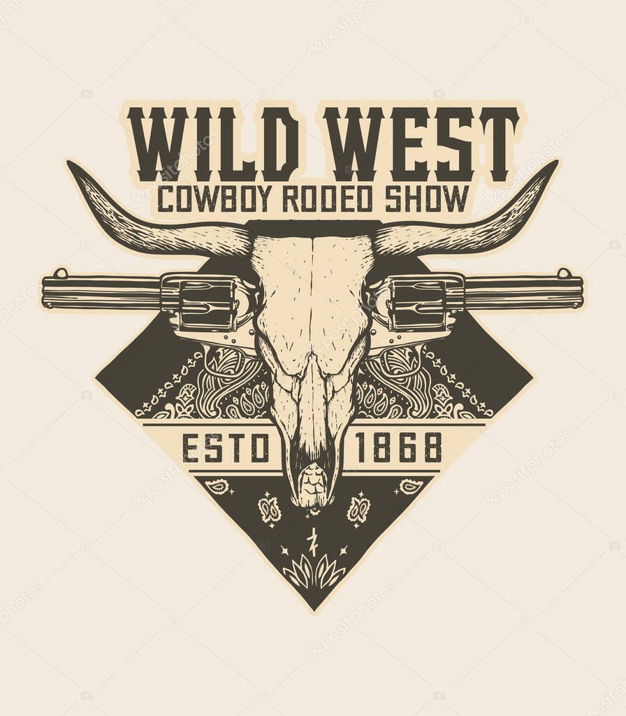 Wild west coowboy rodeo show - Bull skull, gun and red bandanna - T-Shirt design - vector illustration - White version