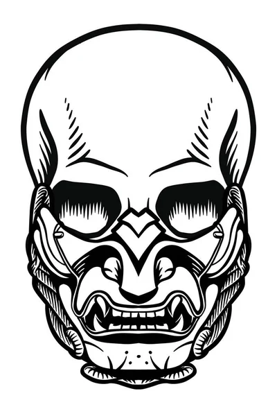 Crâne Humain Avec Masque Samouraï Out Line — Image vectorielle