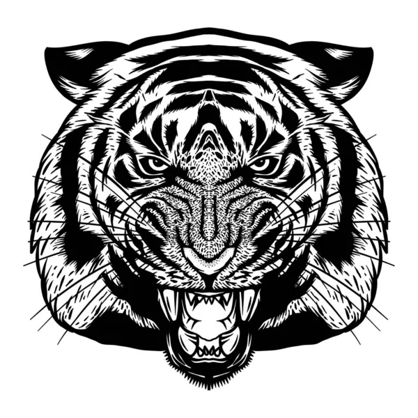 Wilder Tigerkopf Von Hand Gezeichnet Vektorillustration Außenlinie — Stockvektor