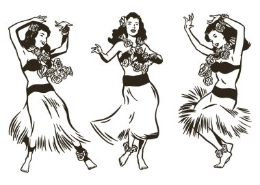 Hawaii 'li genç, güzel kadın hula dansçıları.