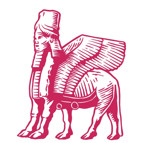 Riesige Statue Seitenansicht Mit Menschlichem Kopf Und Stierkörper Khorsabad Lamassu — Stockvektor