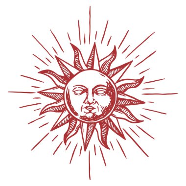 Elle çizilmiş güneş, dekorasyon elementi. Astroloji sembolü beyaz arkaplanda izole edilmiş vintage oyma biçimi
