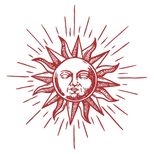 Elle çizilmiş güneş, dekorasyon elementi. Astroloji sembolü beyaz arkaplanda izole edilmiş vintage oyma biçimi