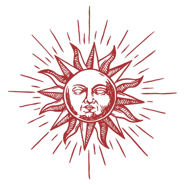 Χειροποίητος Ήλιος Πρόσωπο Στοιχείο Διακόσμησης Αστρολογία Σύμβολο Vintage Στυλ Χαρακτικής — Διανυσματικό Αρχείο