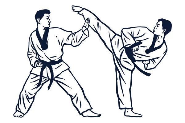 Dois Homens Karateka Quimono Praticando Karatê Ilustração Vetorial — Vetor de Stock