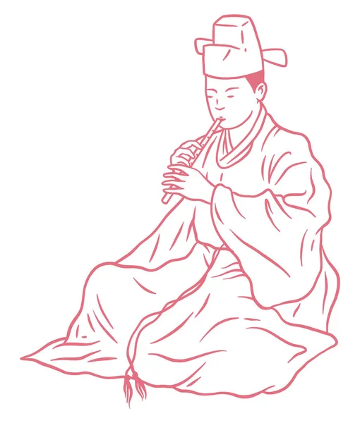 韩国传统音乐 音乐家吹奏长笛 — 图库矢量图片