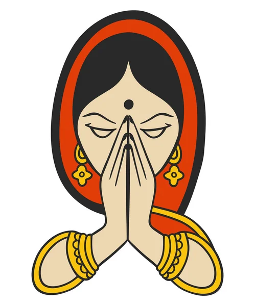 Indiase Vrouw Traditionele Jurk Pose Voor Namaste — Stockvector
