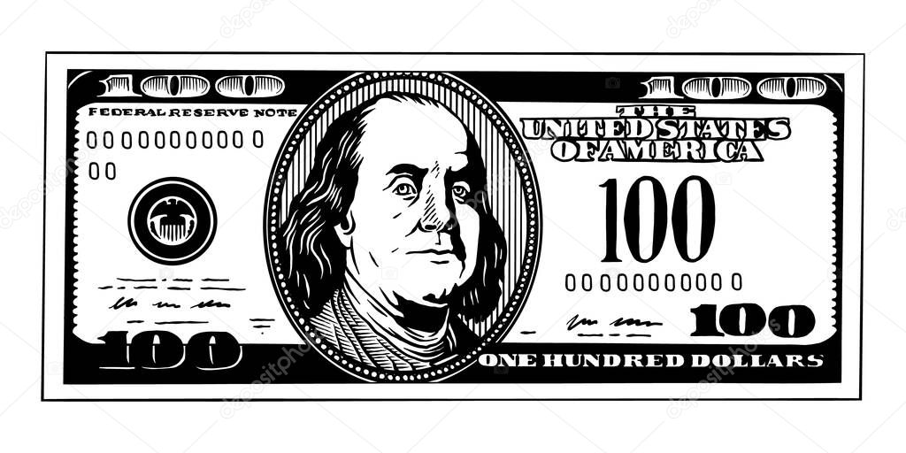 100 Dollars Banknote, bill one hundred dollars, american president Benjamin Franklin - out line vector illustration