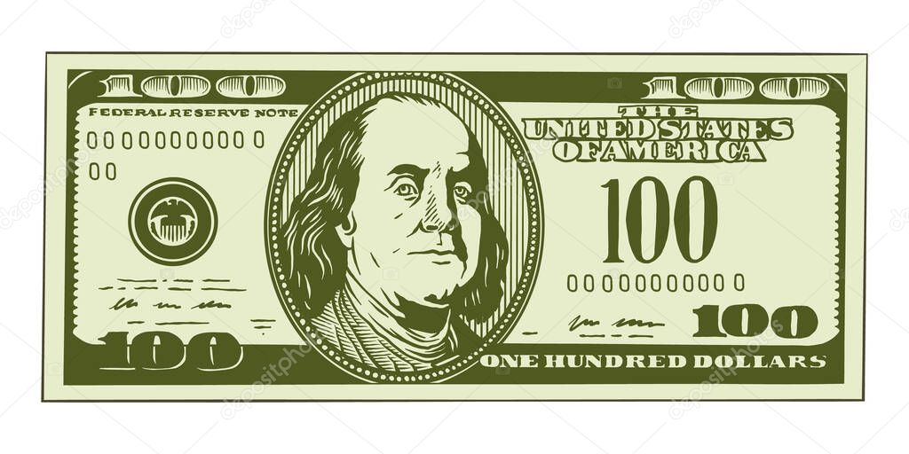 100 Dollars Banknote, bill one hundred dollars, american president Benjamin Franklin - vector illustration