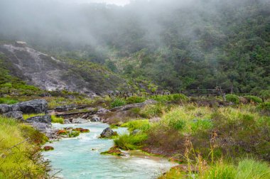 San Juan kaplıcalarının sakin manzarası, yemyeşil ve puslu dağlarla çevrili Purac, Cauca, Kolombiya