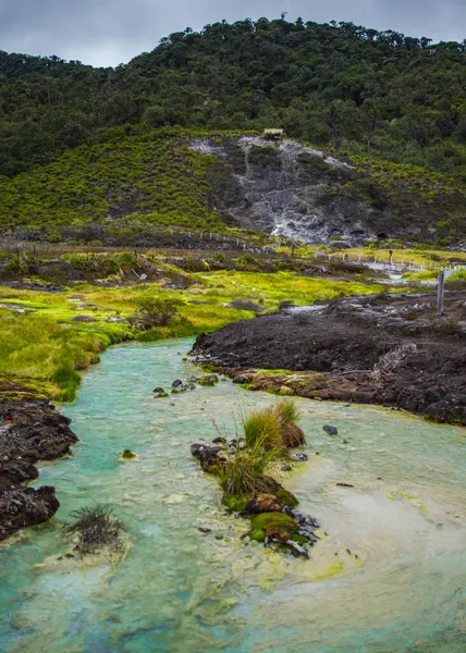 Purac, Cauca, Kolombiya 'daki San Juan kaplıcalarının nefes kesici manzarası. Yeşillik ve kayalık arazide akan doğal termal sular.