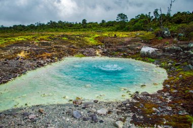 Purac, Cauca 'daki San Juan kaplıcalarının manzarasında canlı turkuaz suyu ve çevresindeki yemyeşil su sergileniyor.