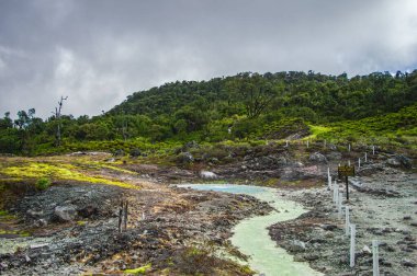 San Juan, Purac, Cauca 'daki doğal termal kaynaklar bulutlu bir gökyüzünün altında yemyeşil ve dingin suları sergiliyor.