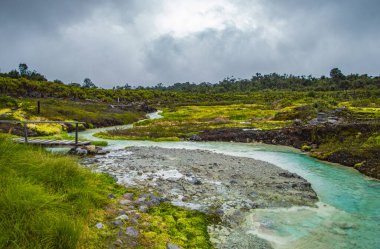 Purac, Cauca 'daki San Juan kaplıcalarının nefes kesici manzarası canlı doğal manzara ve yemyeşil sularla çevrili buharlı termal sular sergiliyor.